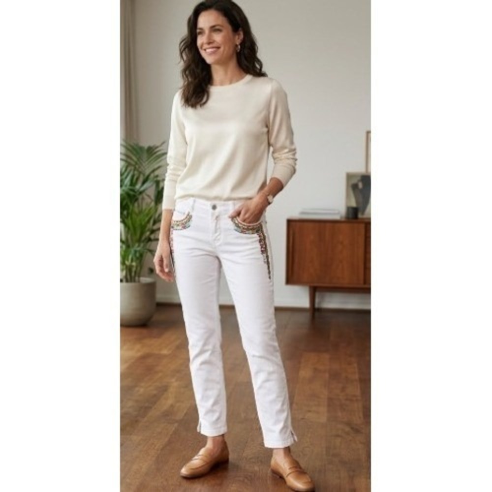 Bogner Boho Womens White Embroidered Cotton Denim Jeans Pants Size 12 Luxury EUC